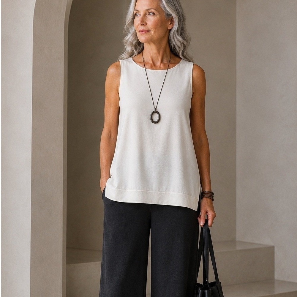 EILEEN FISHER Silk Crepe Tunic Tank M Lagenlook Quiet Luxury Minimalist Oyster